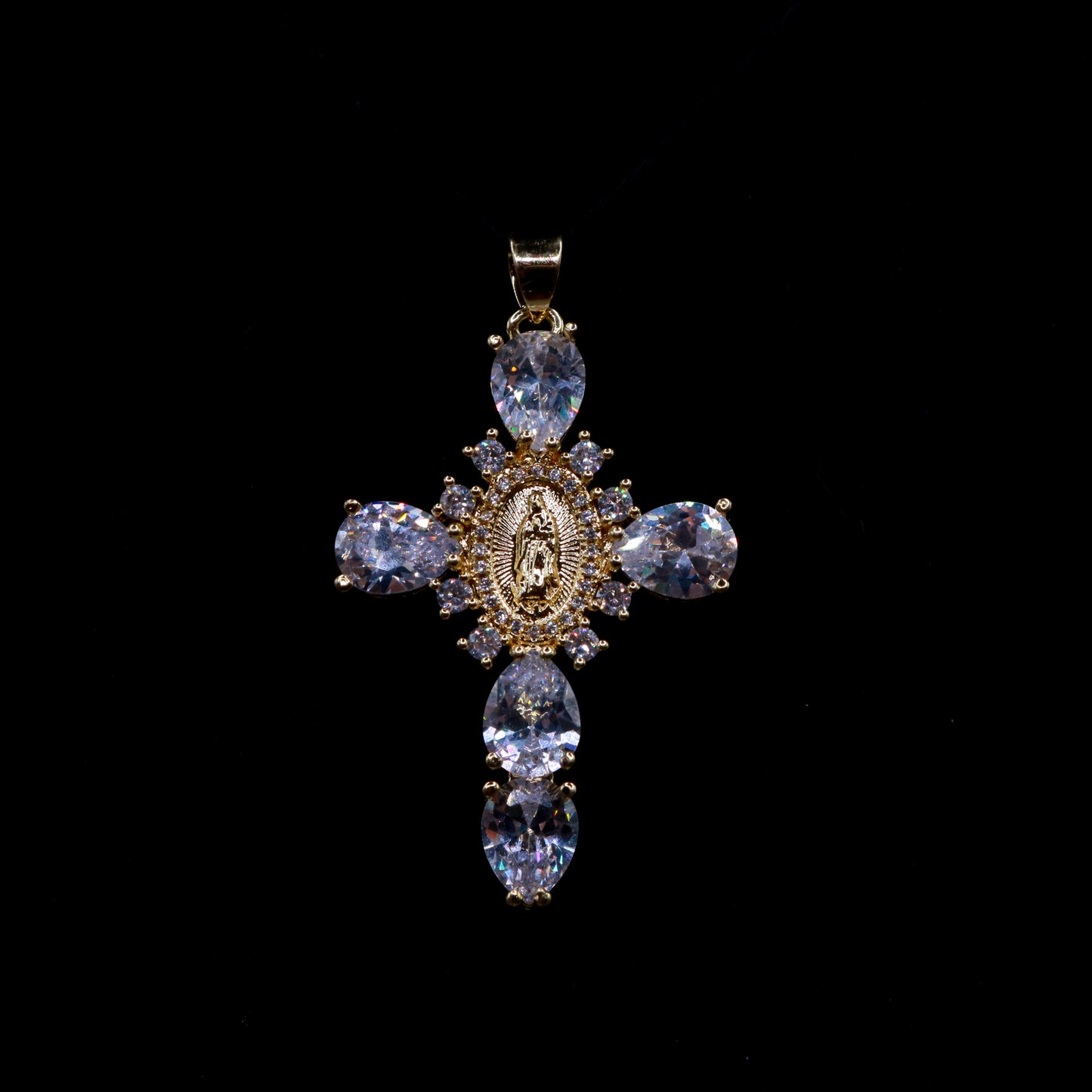 White Diamond Gold Virgin Mary Cross Pendant