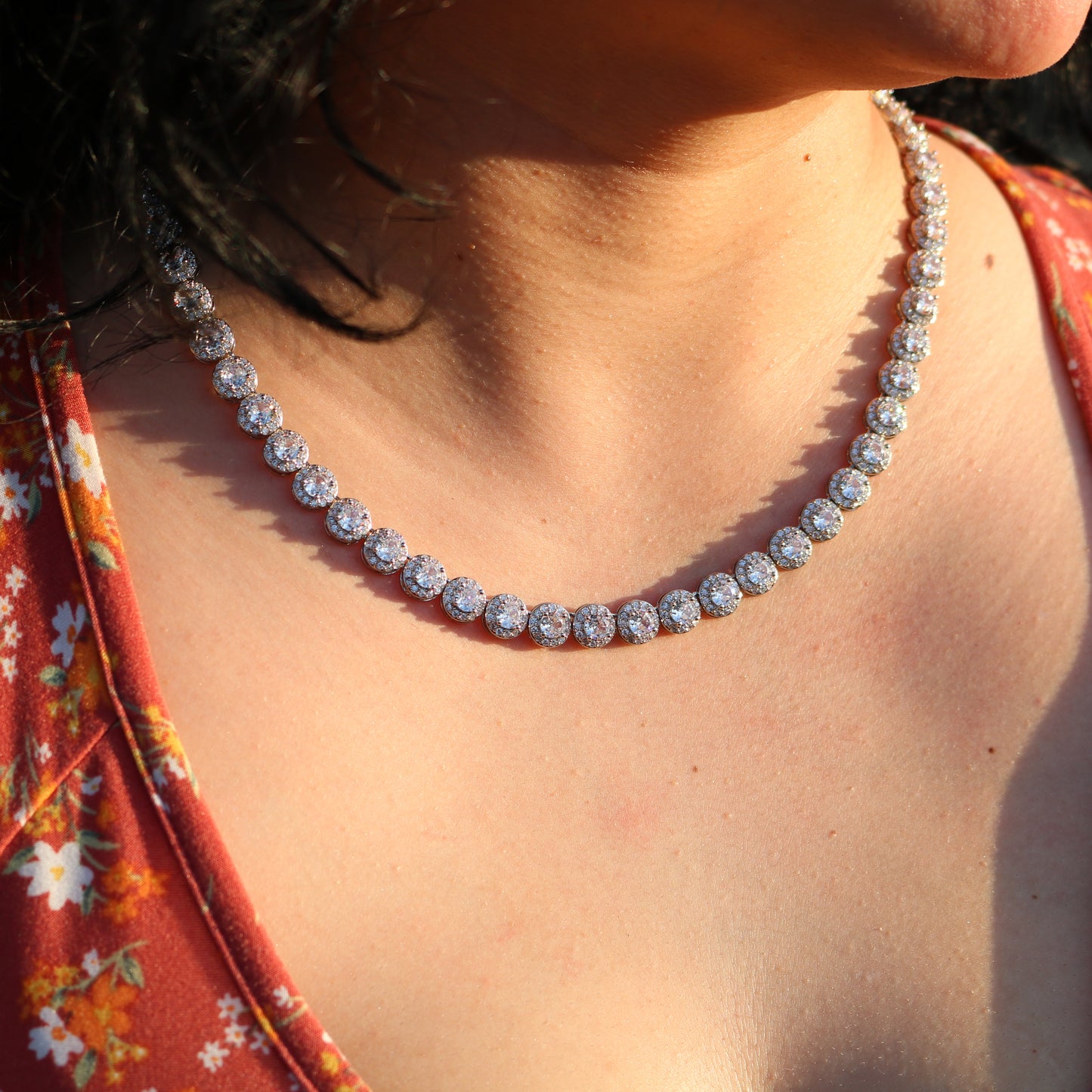 8mm Round Clustered Tennis Necklace - White Gold