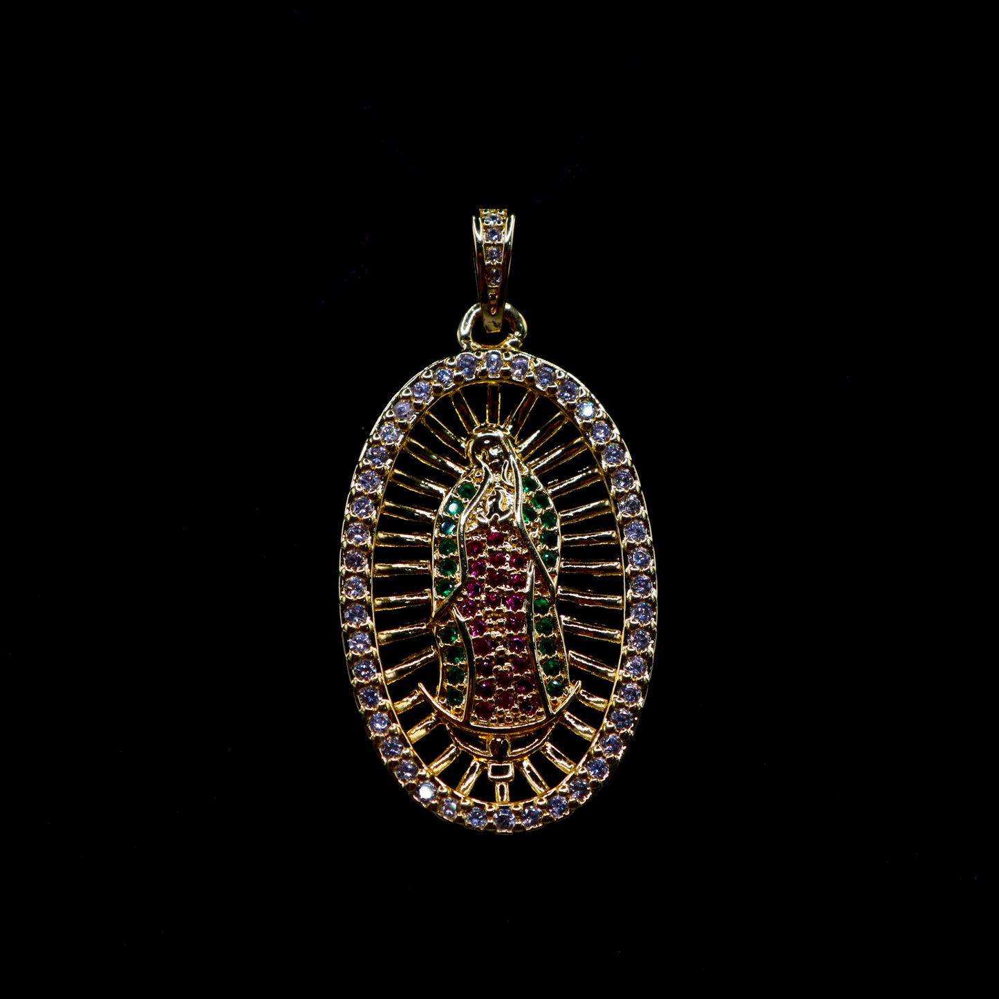 Diamond Oval Mexican Virgin Mary Pendant in Gold